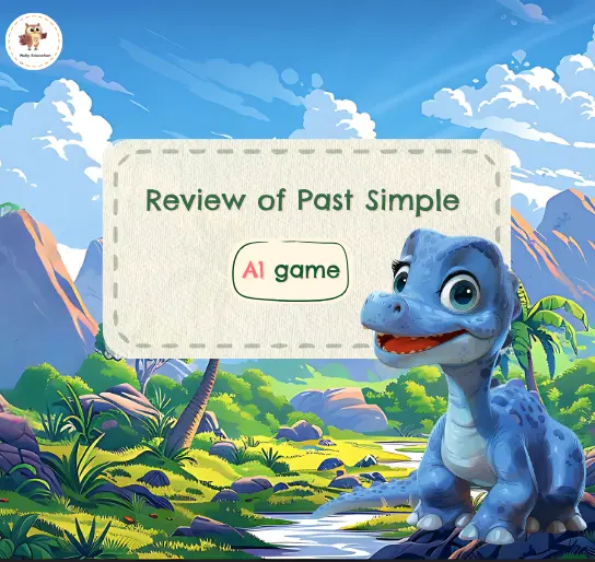 Cute cartoon dinosaur in a jungle setting with a sign reading “Review of Past Simple – A1 game”; educational visual for English grammar practice.