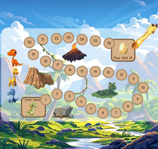 Colorful  dinosaur-themed Genially board game path with 26 steps, jungle background, and dinosaur characters; used for teaching English past simple tense.