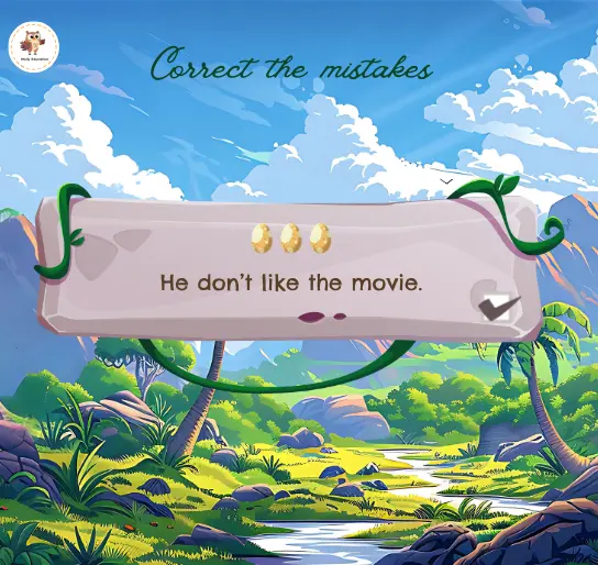 Interactive grammar Past Simple genially game  and egg rewards; players correct past simple mistakes in a jungle-themed ESL game.