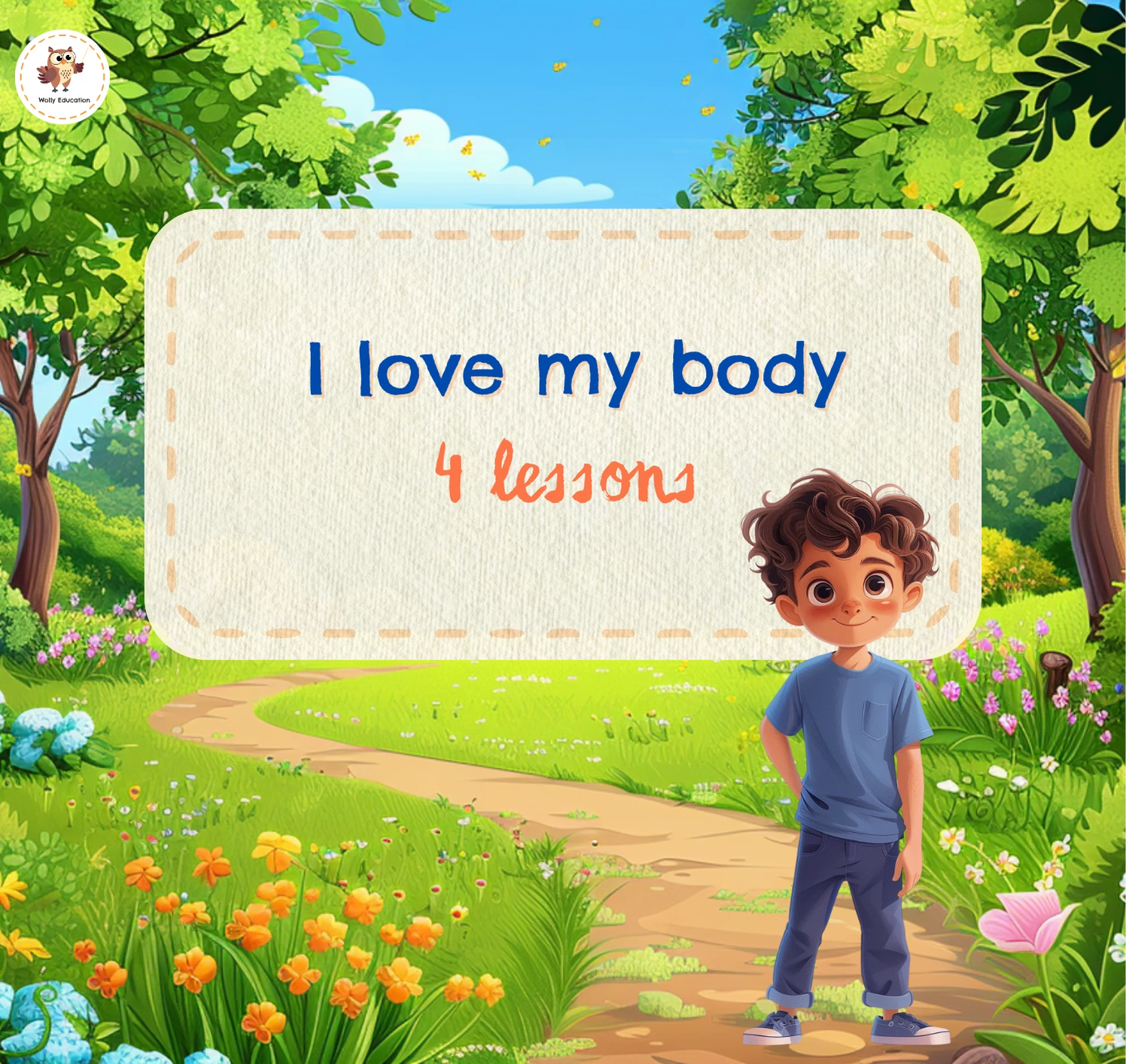 Illustrated ESL lesson cover for children titled “I love my body – 4 lessons,” featuring a smiling boy in a colorful spring park setting, designed for teaching body parts in English.