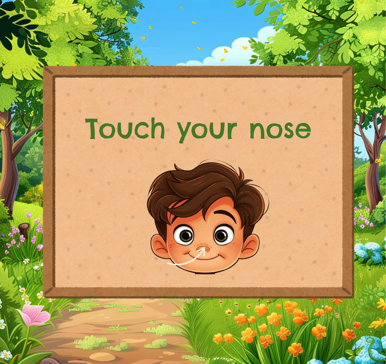 Illustration of a boy with a sign that says 'Touch your nose', showing a cartoon face with a white arrow pointing to the nose, set in a colorful forest background.