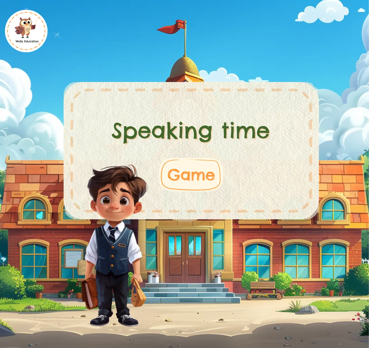 Interactive Genially speaking game for kids – cartoon boy in school uniform in front of school building, Wolly Education English lesson