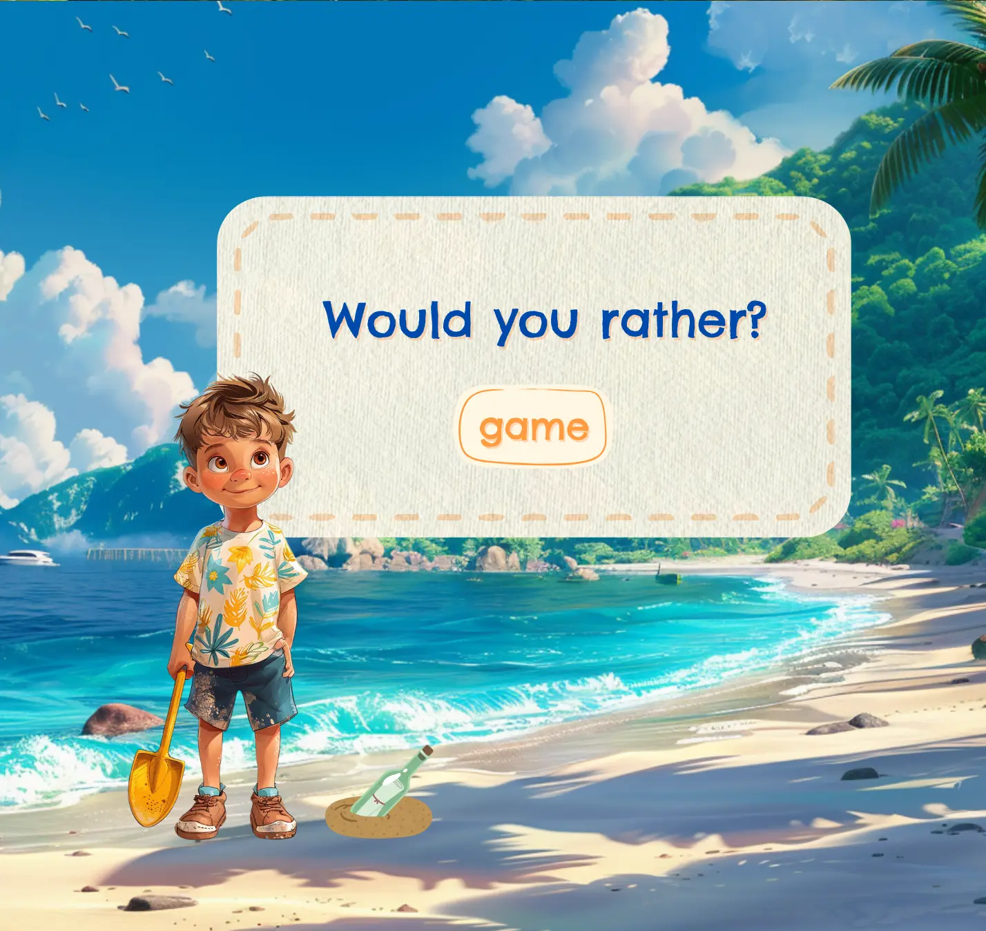 ESL summer warm-up activity for kids: boy at the beach with summer items