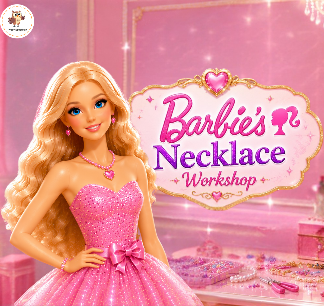 barbie necklace workshop, free genially game, interactive game for kids, jewelry vocabulary, beads activity, pearls activity, necklace game, bracelet vocabulary, earrings vocabulary, color sorting game, pattern game for kids, counting activity, english for children, preschool english, kindergarten activities, young learners, educational game, genially activities, free teaching resources, wolly education