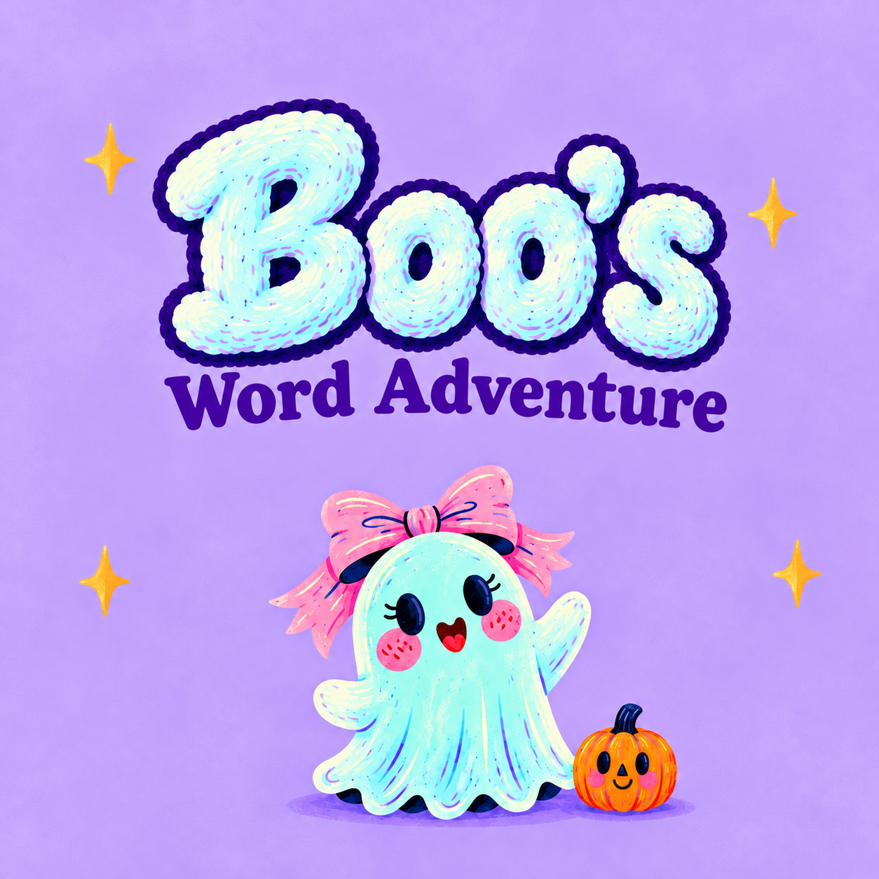 Halloween game, ghost game, Boo’s Word Adventure game cover featuring a cute mint ghost, a small pumpkin and fluffy lettering on a lilac background.