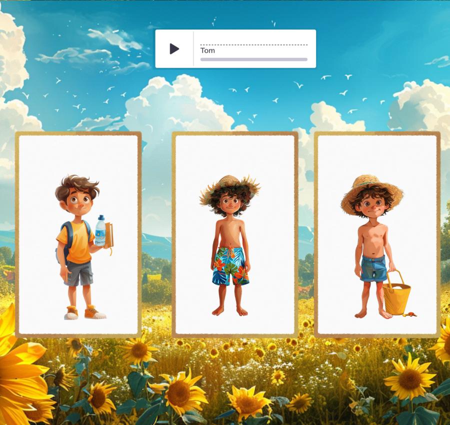 Interactive listening summer guessing game for ESL kids: identify summer outfits and describe characters in English.