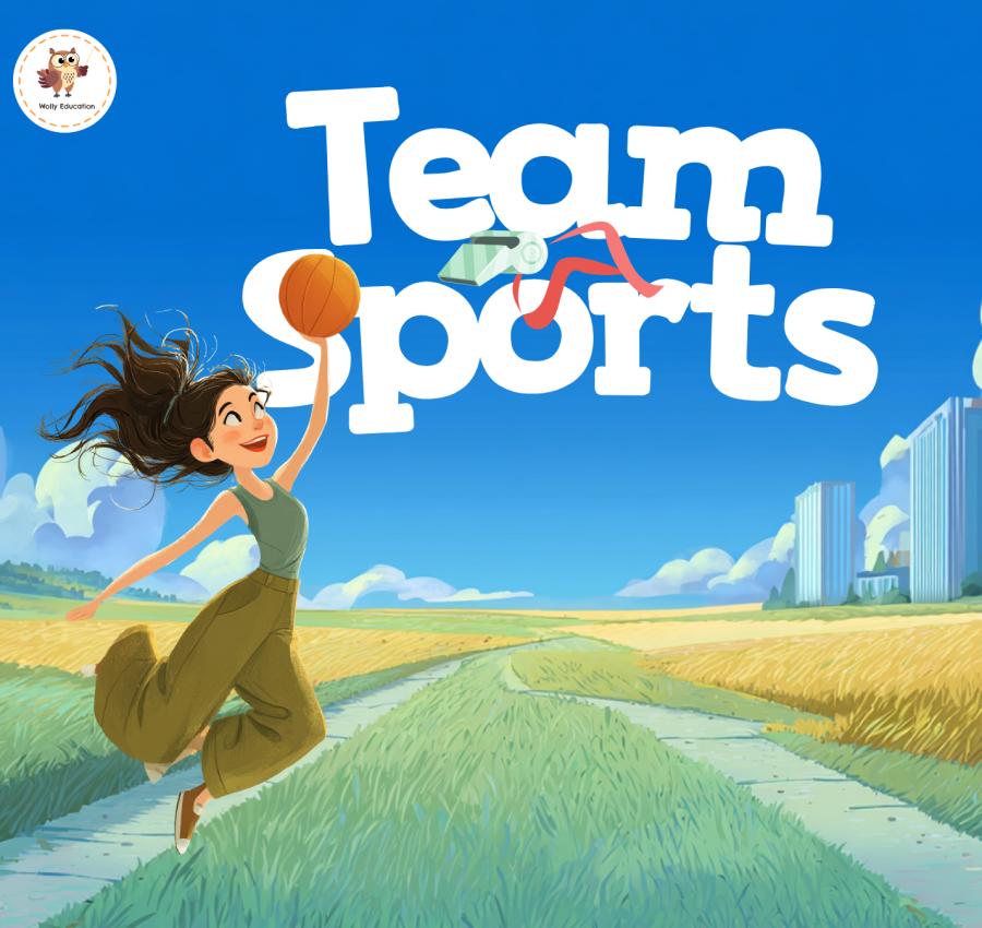 Cheerful student playing basketball – Team Sports ESL lesson cover for verb patterns and speaking activities.
