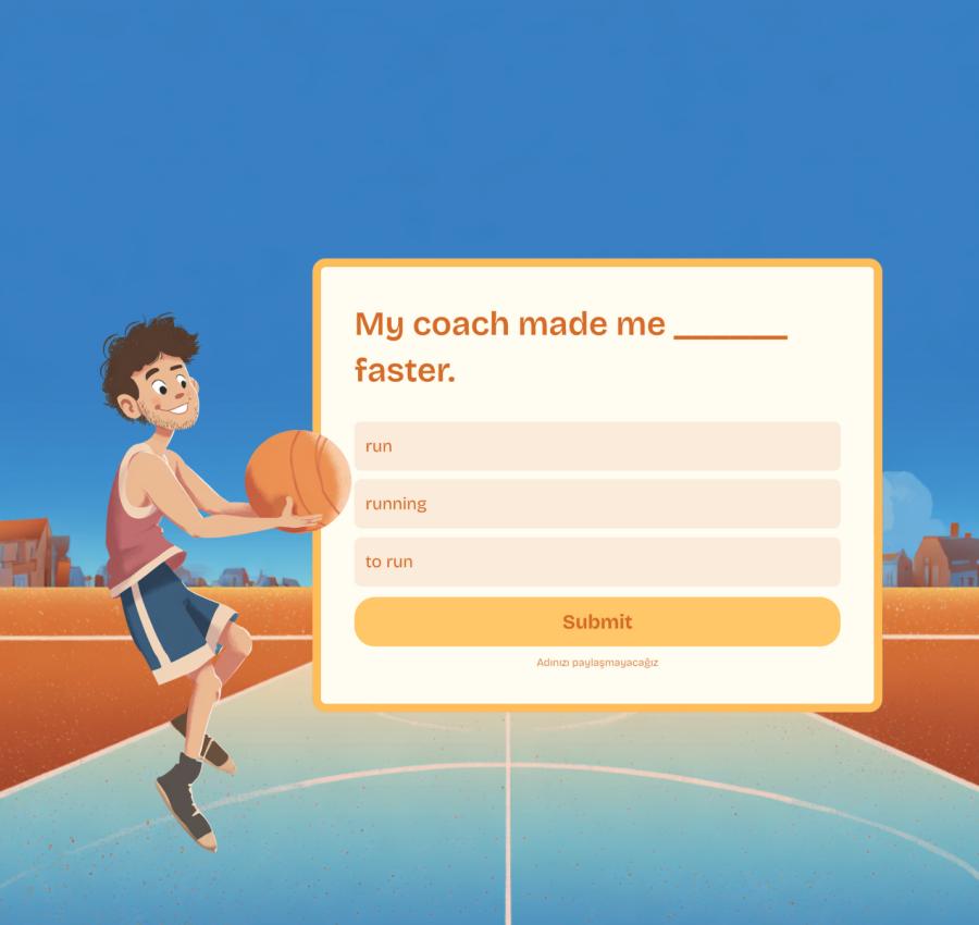 Animated basketball player doing ESL multiple-choice grammar exercise on verb patterns: make + object + infinitive.