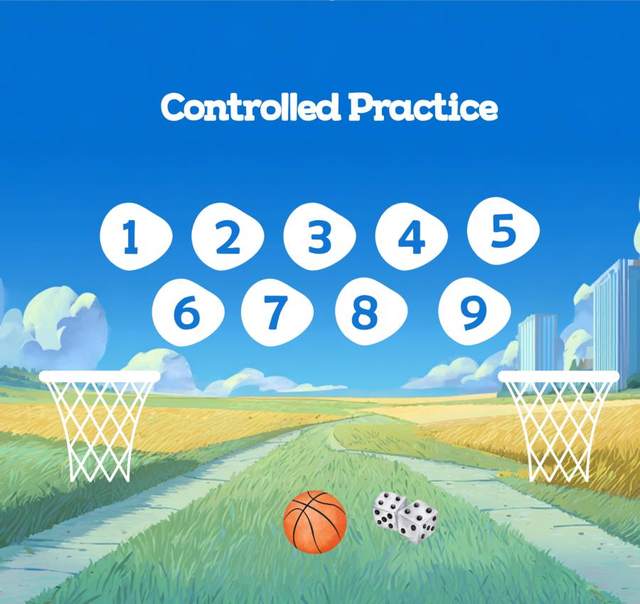 Interactive ESL grammar game board – Controlled Practice for Verb Patterns with basketball theme and numbered tasks.