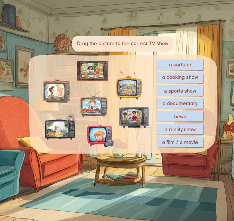 Interactive drag and drop ESL activity matching pictures to TV show names from Beehive 4 Fun at Home