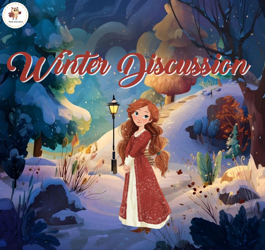 Winter Discussion ESL game cover with girl in red dress standing in snowy forest under lamplight