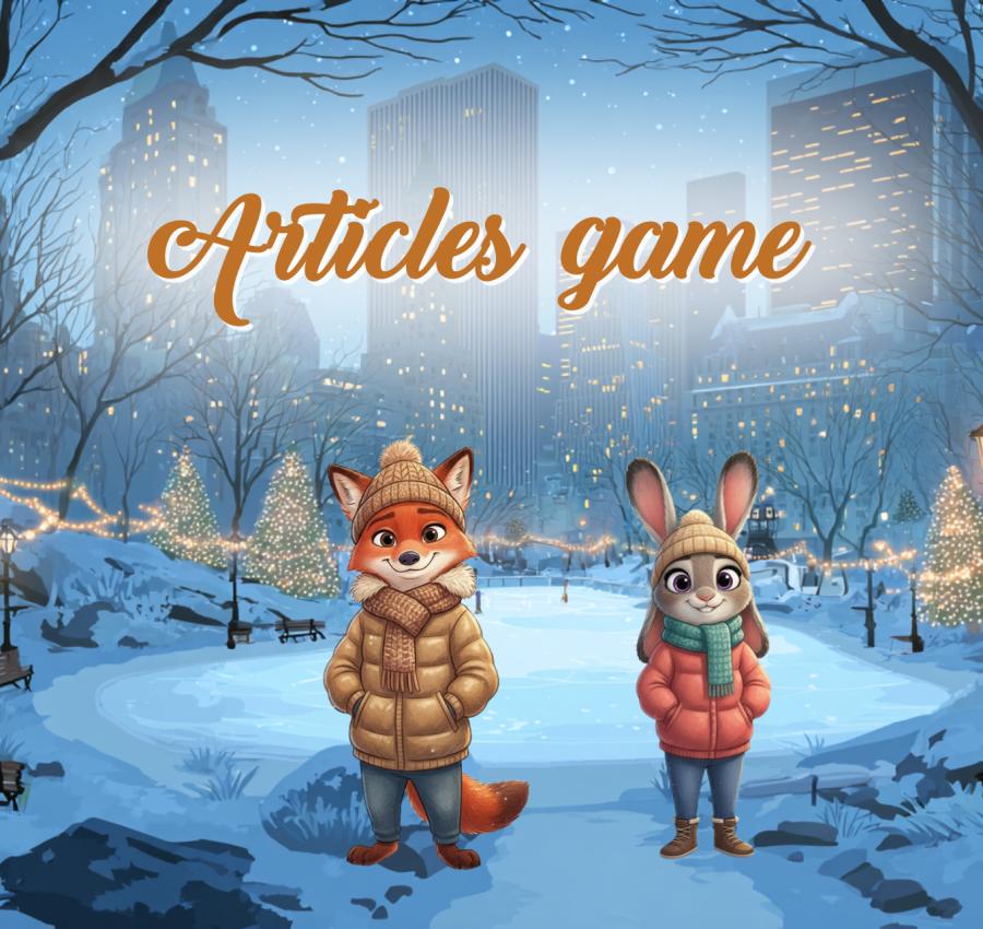 Winter articles game for kids with fox and rabbit characters