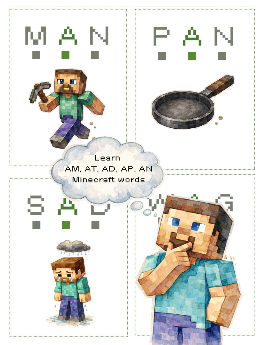 CVC worksheets, CVC printables, Minecraft Printable, Minecraft PDF, Minecraft CVC, CVC short A