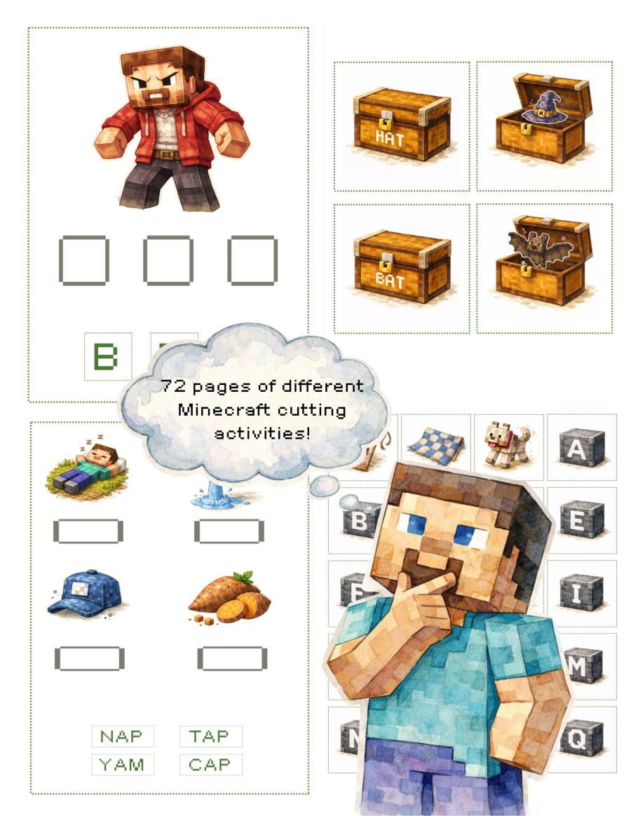 CVC worksheets, CVC printables, Minecraft Printable, Minecraft PDF, Minecraft CVC, CVC short A