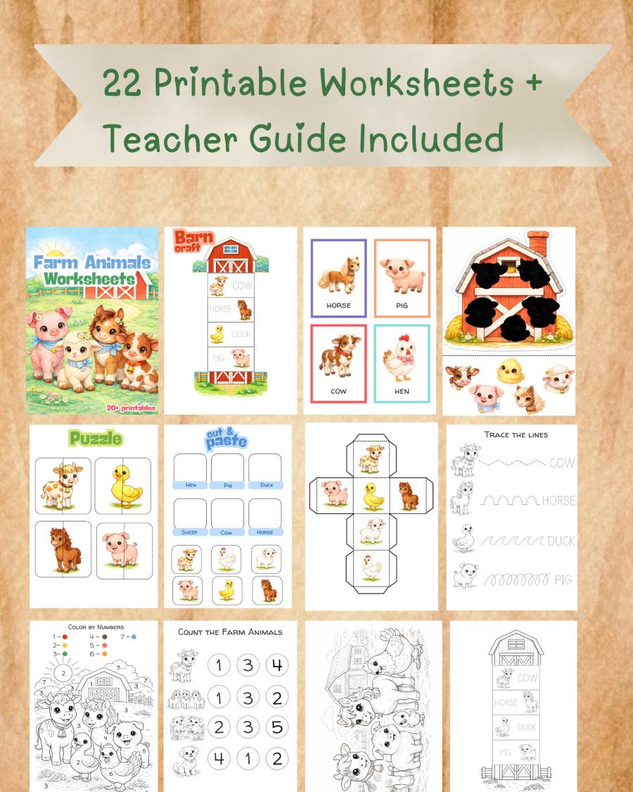farm animals 22 worksheets, farm animals activities, farm animals printables, baby animals printables