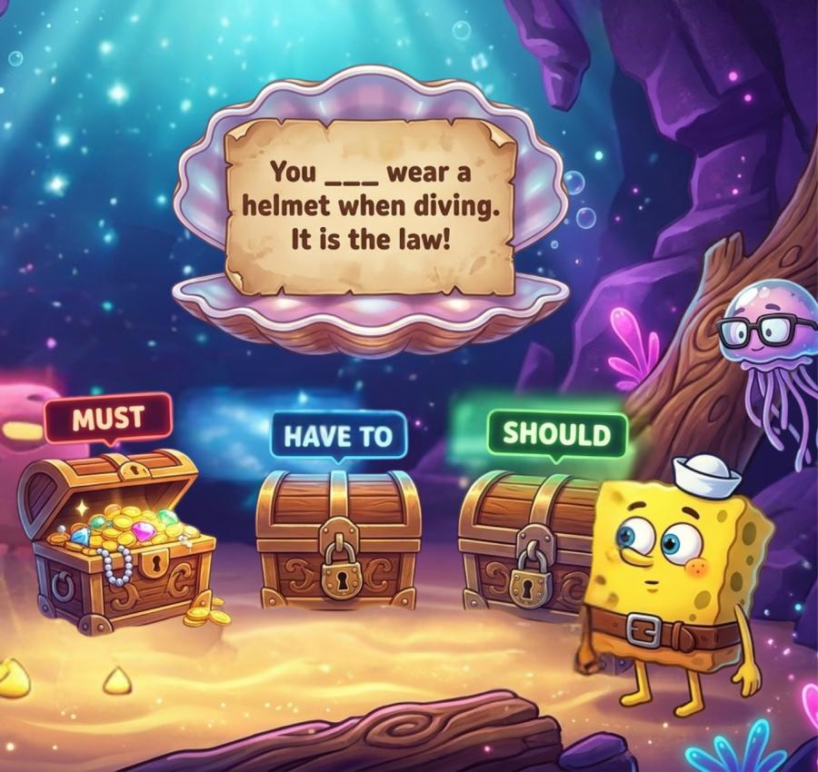 must have to should game, ESL modal verbs lesson, interactive grammar game, Genially ESL activity, must vs have to, should grammar activities, SpongeBob ESL game, underwater grammar lesson, beginner ESL grammar, A1 A2 modal verbs, obligation and advice lesson, interactive English game, grammar adventure for kids, online ESL activities, speaking grammar games, modal verbs for children, fun ESL grammar lesson, Genially grammar presentation