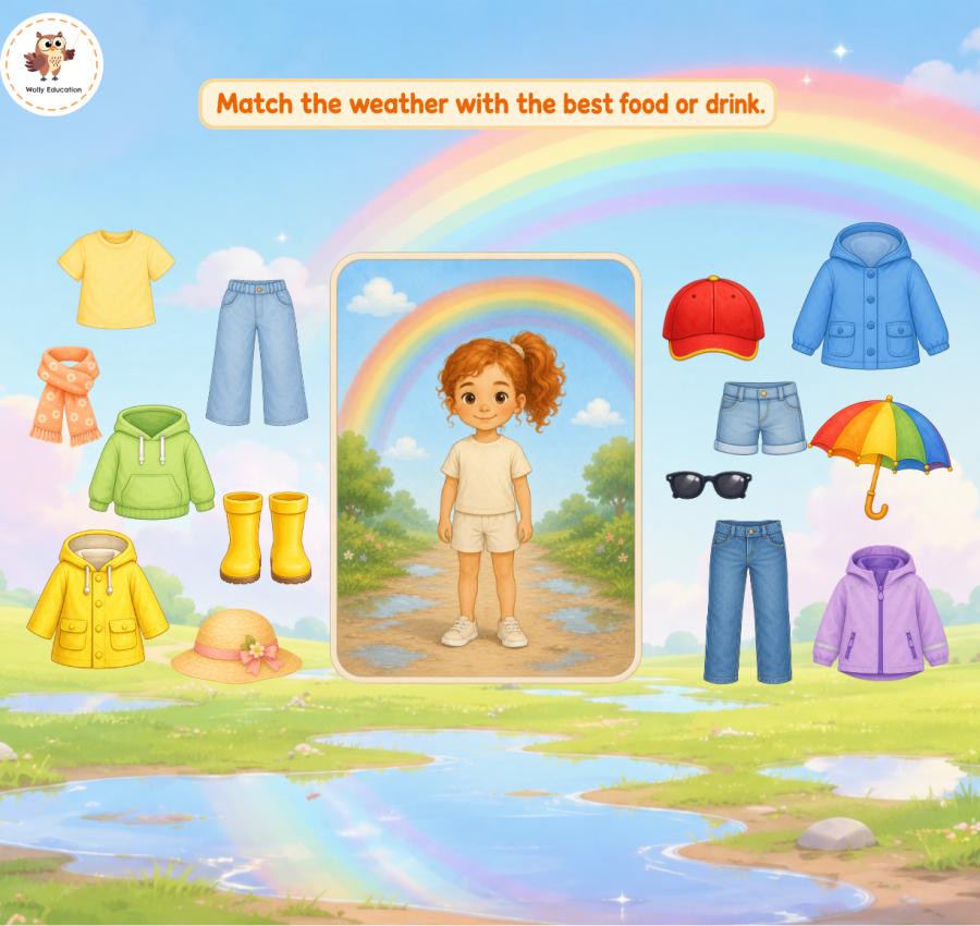 genially weather, weather printables, weather ESL lesson, seasons ESL lesson, weather vocabulary for kids, seasons vocabulary for kids, ESL weather activities, English weather lesson, interactive ESL lesson, weather games for kids, seasons games for kids, sunny rainy cloudy windy stormy rainbow, clothes for the weather, ESL kindergarten lesson, ESL preschool weather, English for kids, Wolly Education