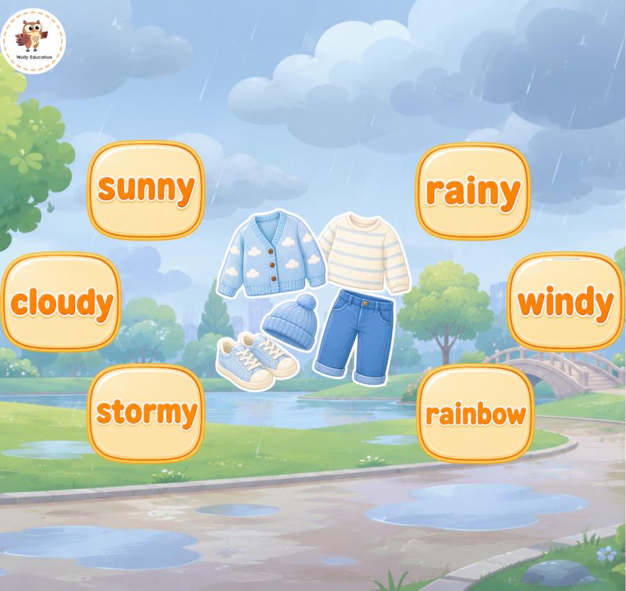 genially weather, weather printables, weather ESL lesson, seasons ESL lesson, weather vocabulary for kids, seasons vocabulary for kids, ESL weather activities, English weather lesson, interactive ESL lesson, weather games for kids, seasons games for kids, sunny rainy cloudy windy stormy rainbow, clothes for the weather, ESL kindergarten lesson, ESL preschool weather, English for kids, Wolly Education
