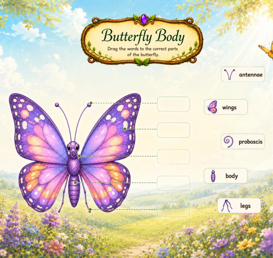 genially butterflies, butterflies for kids, butterfly English lesson, interactive English lesson for kids, butterfly vocabulary, butterfly life cycle for kids, insects lesson ESL, animals lesson for young learners, butterfly body parts, can and can’t activities, ESL nature lesson, English games for children, butterfly facts for kids  