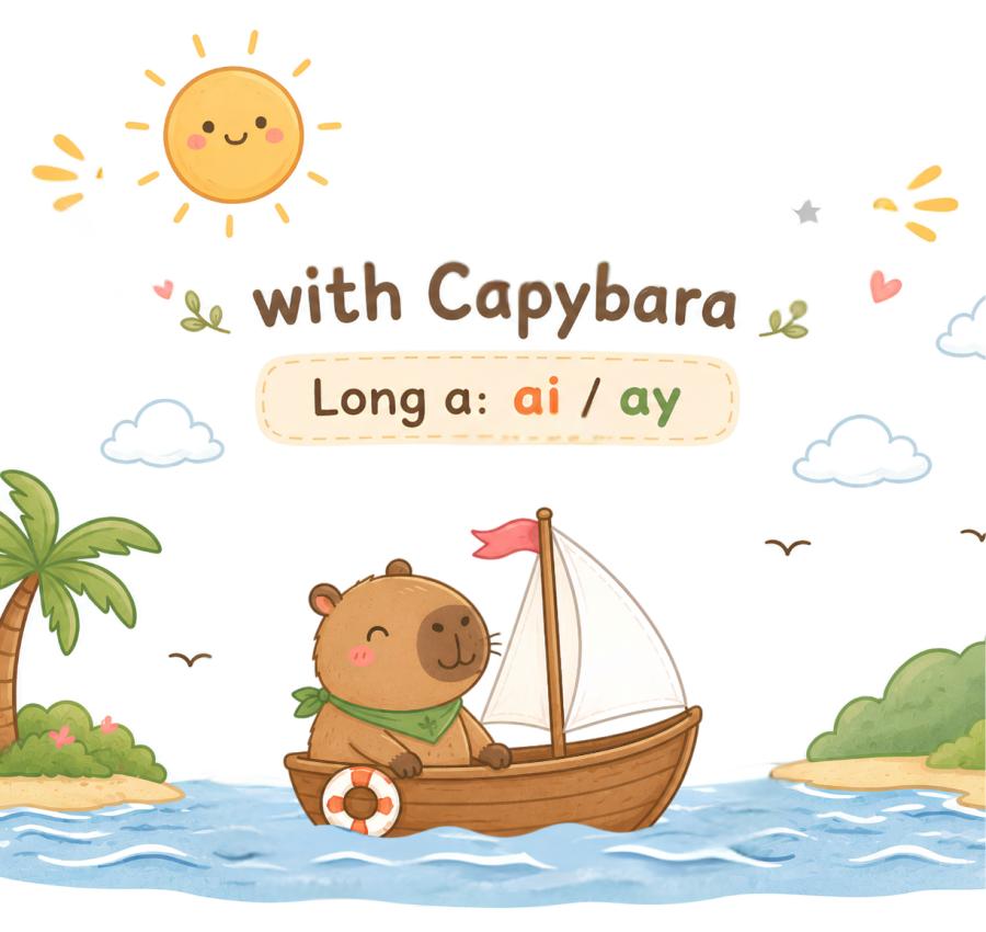 genially phonics, long a, ai ay phonics, long a words, phonics lesson, ai words, ay words, phonics for kids, English for kids, ESL phonics, EFL phonics, interactive phonics, Genially lesson, reading practice, speaking practice, sentence building, young learners, rain day sail bay, capybara lesson