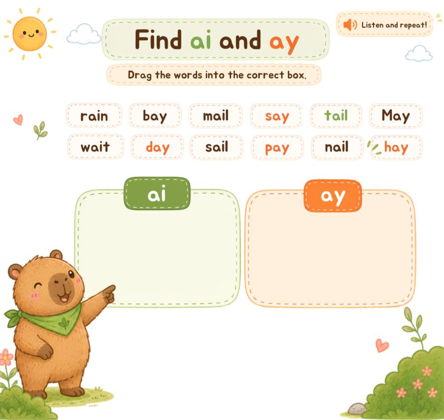 genially phonics, long a, ai ay phonics, long a words, phonics lesson, ai words, ay words, phonics for kids, English for kids, ESL phonics, EFL phonics, interactive phonics, Genially lesson, reading practice, speaking practice, sentence building, young learners, rain day sail bay, capybara lesson
